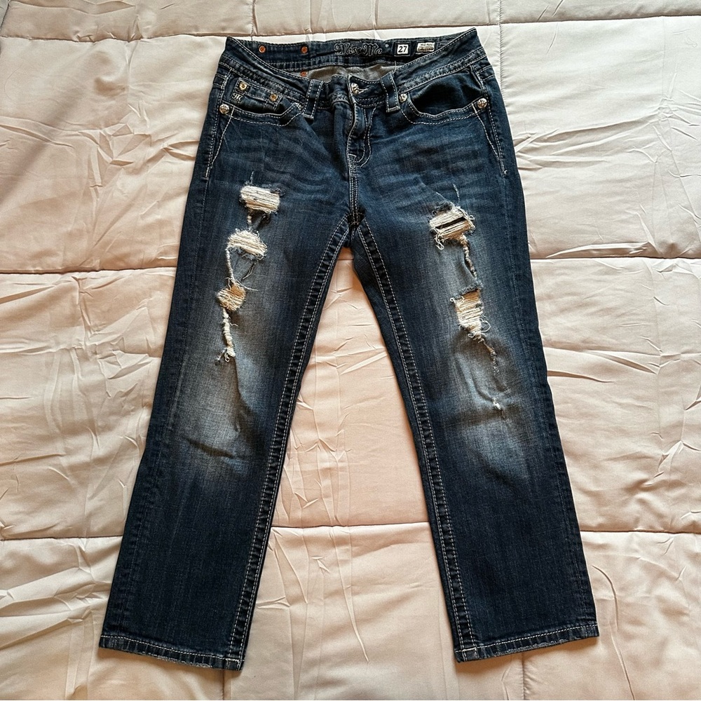 Miss Me Blue and Silver Ankle Cropped Jeans